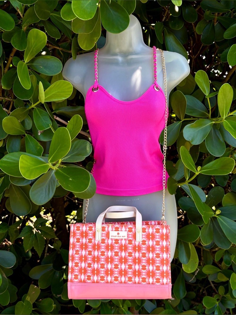 FCT Basics Pink Ribbed Tank Top Size S Gold Chain Straps Stretch Fuchsia Trendy